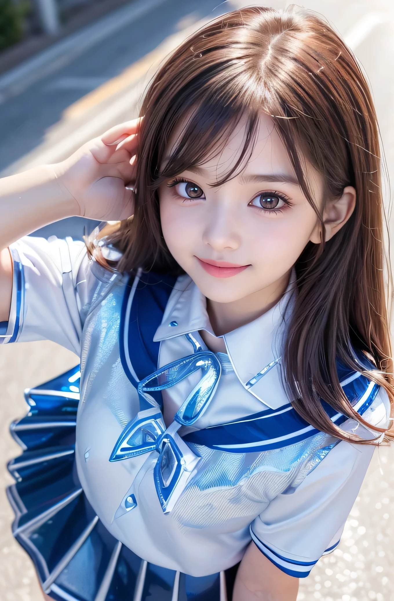 Very beautiful cute girl) (very cute face:1.2),(baby face),(sparking clear attractive large eyes:1.2), Beautiful detailed eyes, Detailed double eyelids, smiling, (realistic photograph:1.1), in the street,
(super shiny metallic blue and white sailor high school uniform:1.5),(super shiny metallic blue pleated skirt :1.1),
(brown hair:1.2),professional portrait 