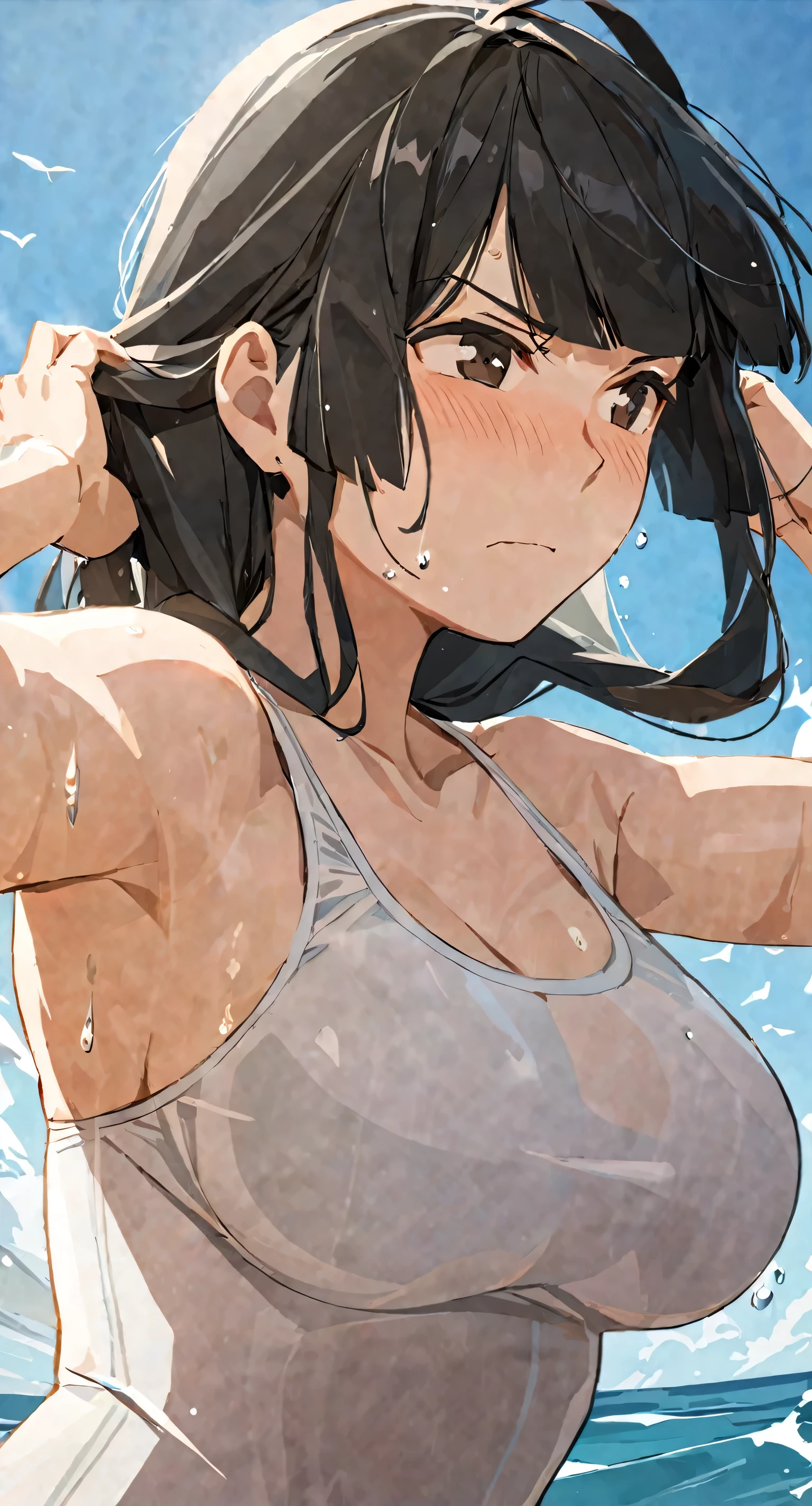 masterpiece,best quality, solo, eda, bangs, black hair, upper body,blue sky,cloud, shy expression, medium breast, hot, thicc, swimsuit , ocean, water, she is tying her hair, she is shy, embarrassed , she is embarrassed, dynamic pose, close shot, upper body, chubby, dynamic pose, trying hard, serious face, her chest is getting bigger 