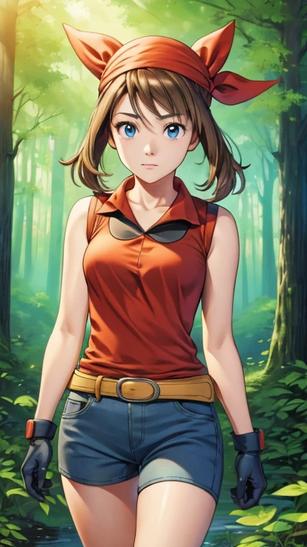 (1girl, may), (extremely detailed CG unit 8k wallpaper),(master part), (best quality), (ultra detail), (best illustration),(Tsukasa hojo Style), cowboy shot, (Sharp eyeliner, ombre, detailed eyes:1), forest, digital art, break , upper body, shirt, bike shorts, bandana, red shirt, hairband, medium hair, gloves, shorts, bow hairband, sleeveless, red bandana