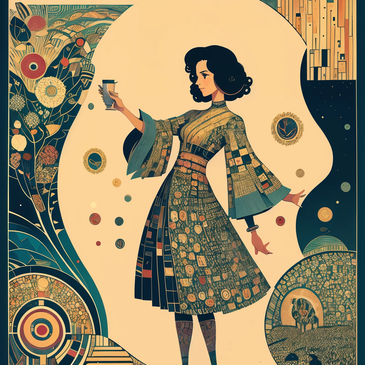 1 girl, tiny body, round face, curly hair, smile, drinking, advertising poster style, english title-logo, full length, shy pose, Gustav Klimt: art-nouveau style,, Wassily Kandinsky: abstract style, George Barbier: Art-Déco style,