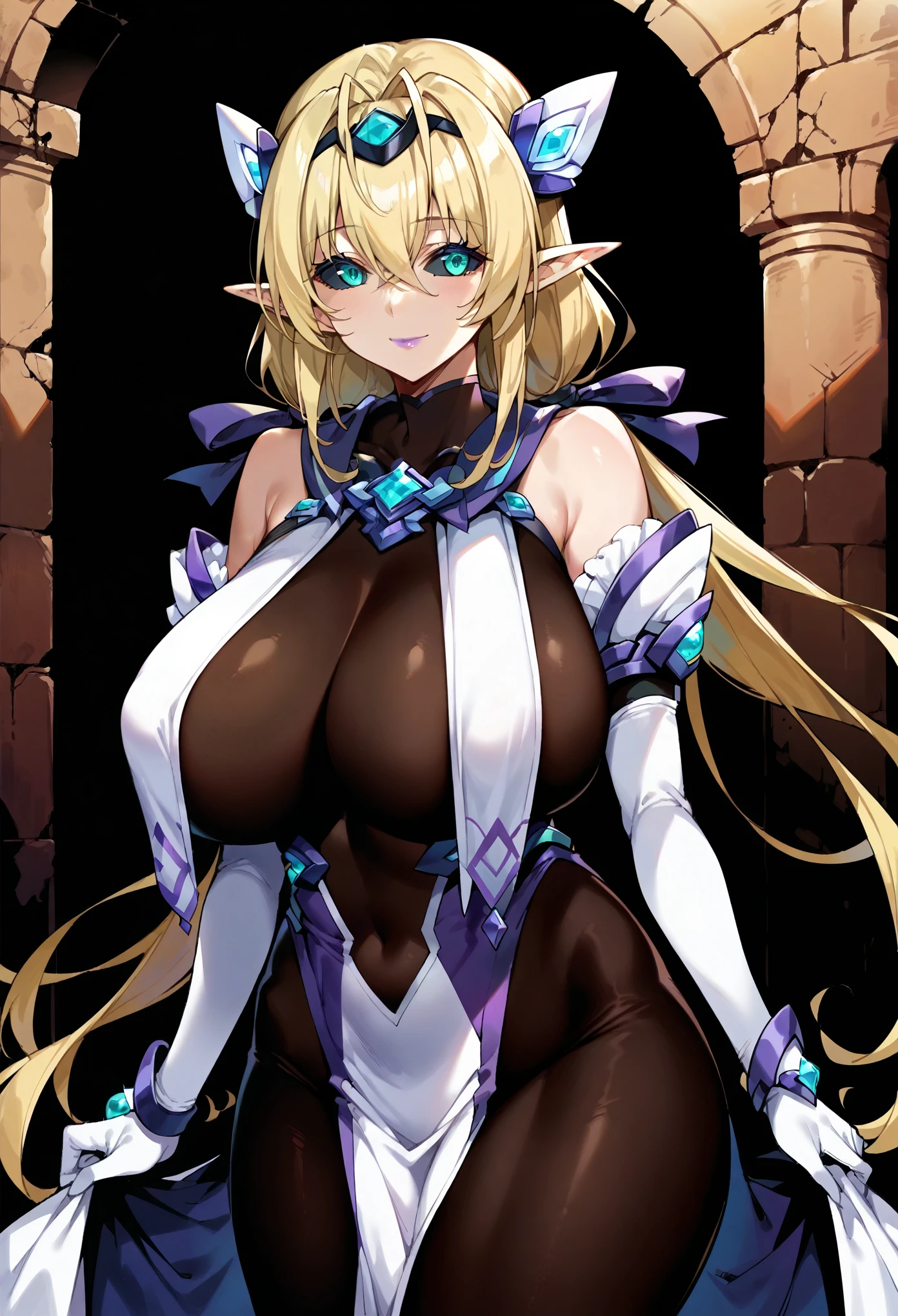 masterpiece, score_9, score_8_up, score_7_up, source_anime, high quality, extremely detailed, 1girl, milf, solo, corrupted, exs-tia_spica, (huge breasts:1.1), ((((blonde hair), long hair, bangs, hair between eyes, black sclera, aqua eyes, pointy ears))), purple lips, (((black tiara, bodystocking, tabard))), ((light smile), closed mouth), ((ancient ruins))