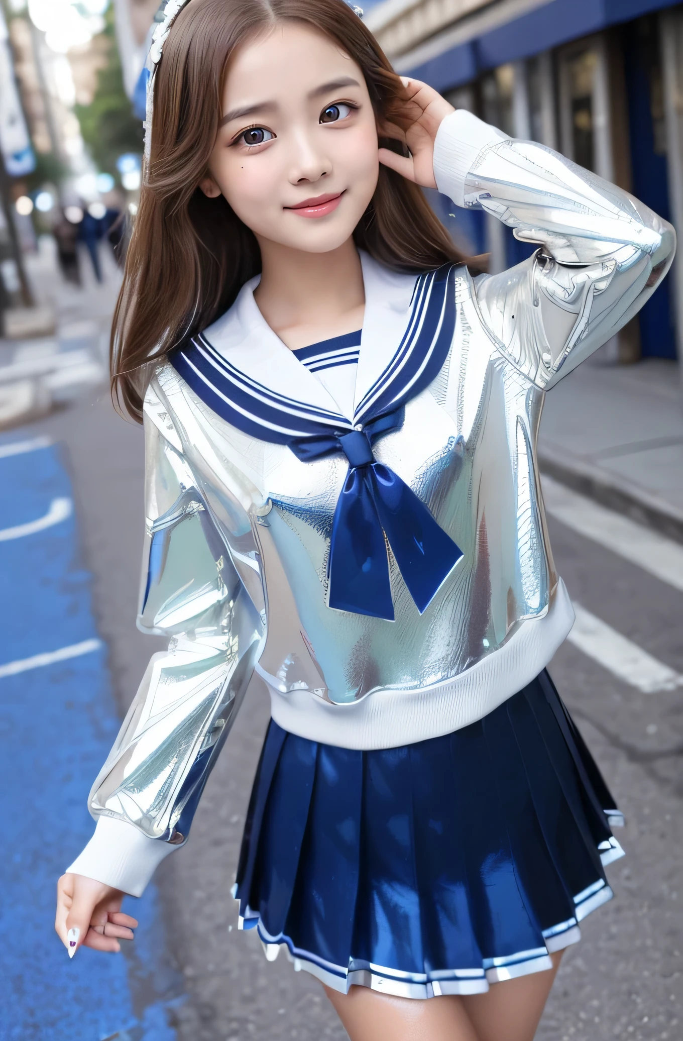 Very beautiful cute girl) (very cute face:1.2),(baby face),(sparking clear attractive large eyes:1.2), Beautiful detailed eyes, Detailed double eyelids, smiling, (realistic photograph:1.1), in the street,
(super shiny metallic cobalt blue and white sailor high school uniform:1.5),(super shiny metallic blue pleated skirt :1.1),
(brown hair:1.2),professional portrait 