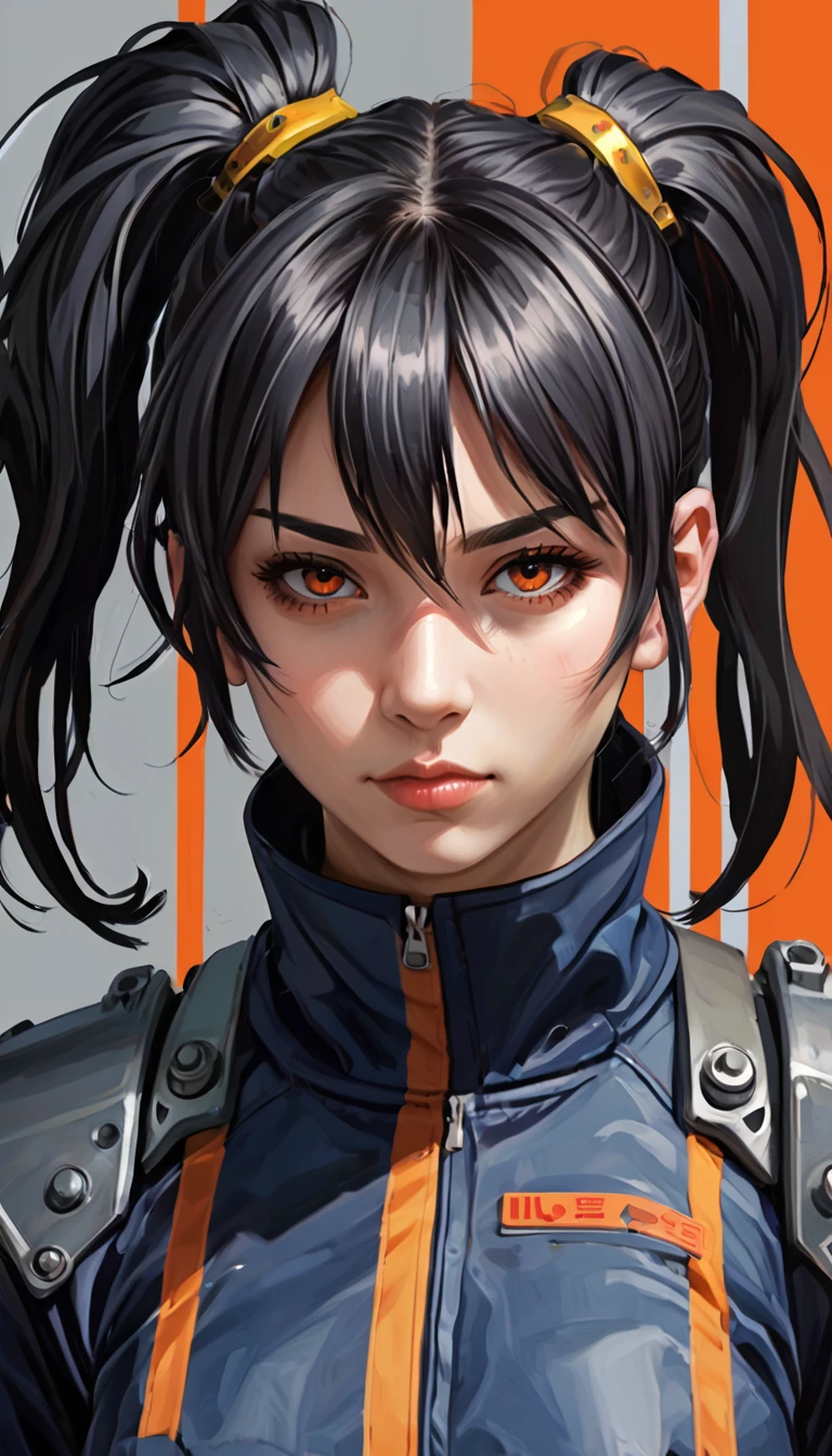 {Anime character with medium-length dark hair, accented with bright red stripes, gathered in a ponytail:0.9}, {she has sharp, determined eyes with a vibrant, bright orange-yellow color, and an intense, concentrated expression on his face:0.8}, [she’s wearing futuristic police armor, Marked with the logo "n.and.pag.s. new andrid pagublic security” and “pagUBsandC," Fusing modern military and science fiction aesthetics. The armor is mainly blue with metallic details, with shoulder protectors and high-tech equipment on his belt:0.7], {The background is a mix of abstract and industrial elements, Emphasizing a deep blue color palette with touches of mechanical and technological details:0.8}, {The overall art style is a fusion of dynamic brushstrokes and digital painting, capturing a rough yet polished look, conveying a strong sense of authority and determination:0.9}.
