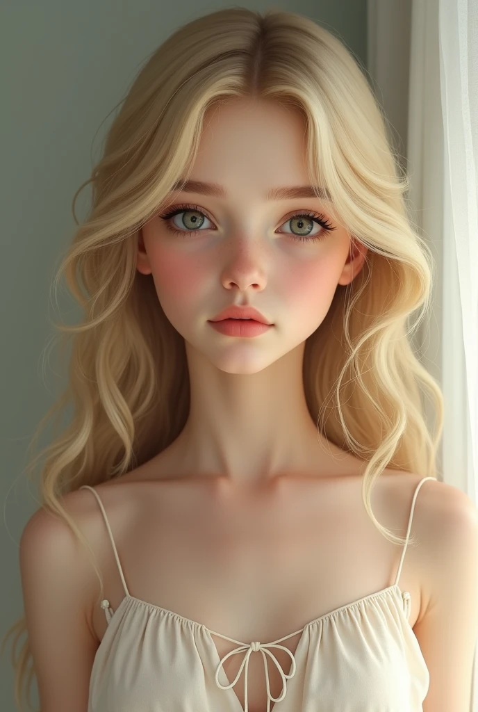A 14 year old middle class blonde with brown eyes and a realistic