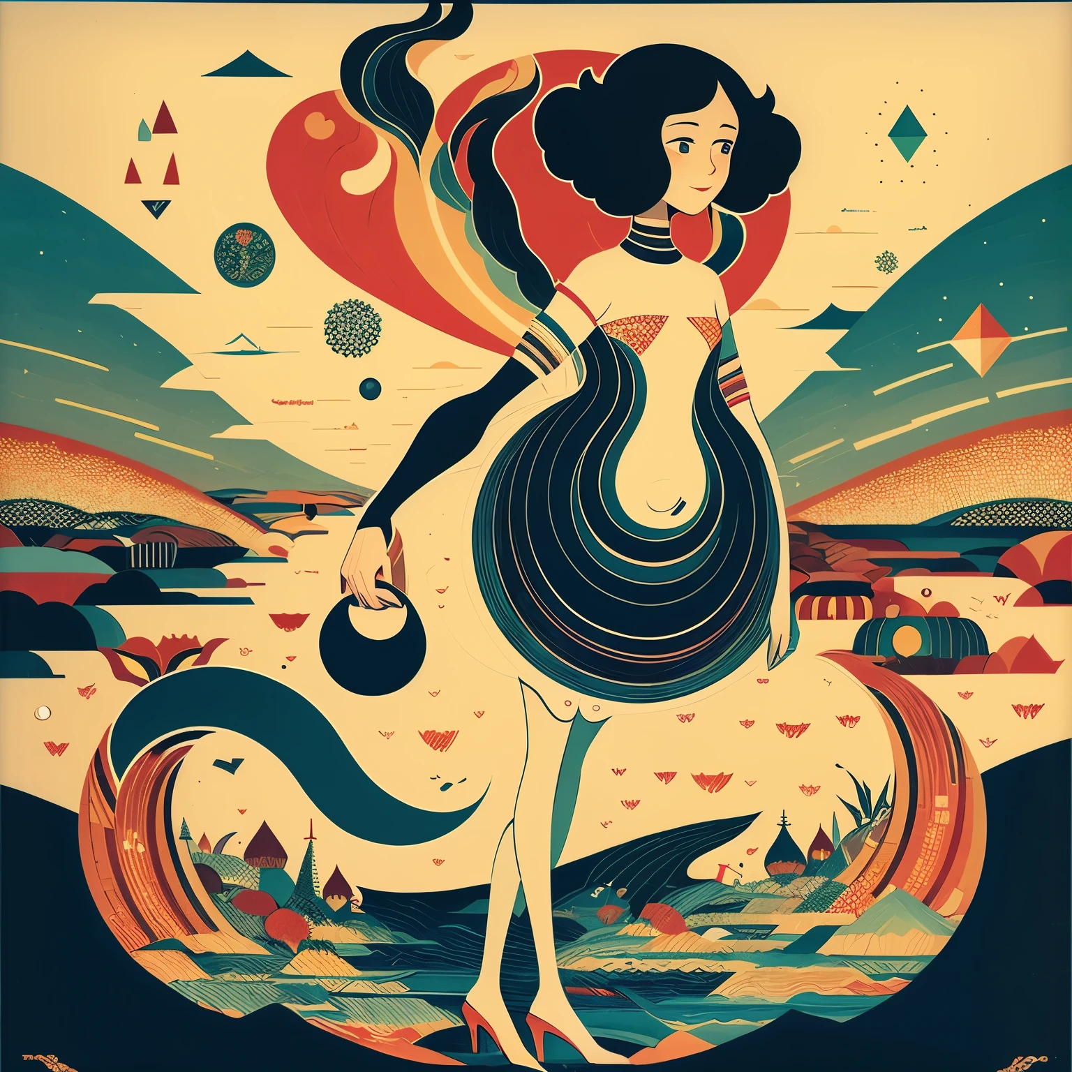 1 girl, tiny body, round face, curly hair, smile, drinking, advertising poster style, english title-logo, full length, shy pose, Wassily Kandinsky: abstract style, George Barbier: Art-Déco style,