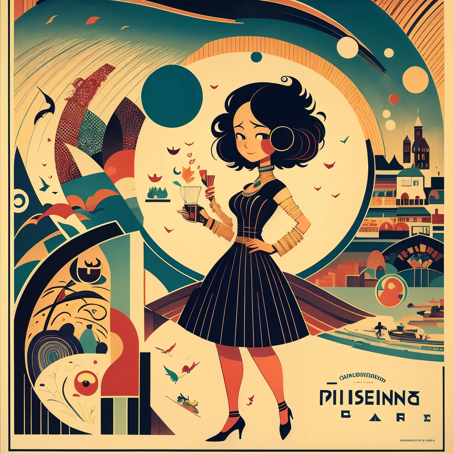 1 girl, tiny body, round face, curly hair, smile, drinking, advertising poster style, english title-logo, full length, shy pose, Wassily Kandinsky: abstract style, George Barbier: Art-Déco style,