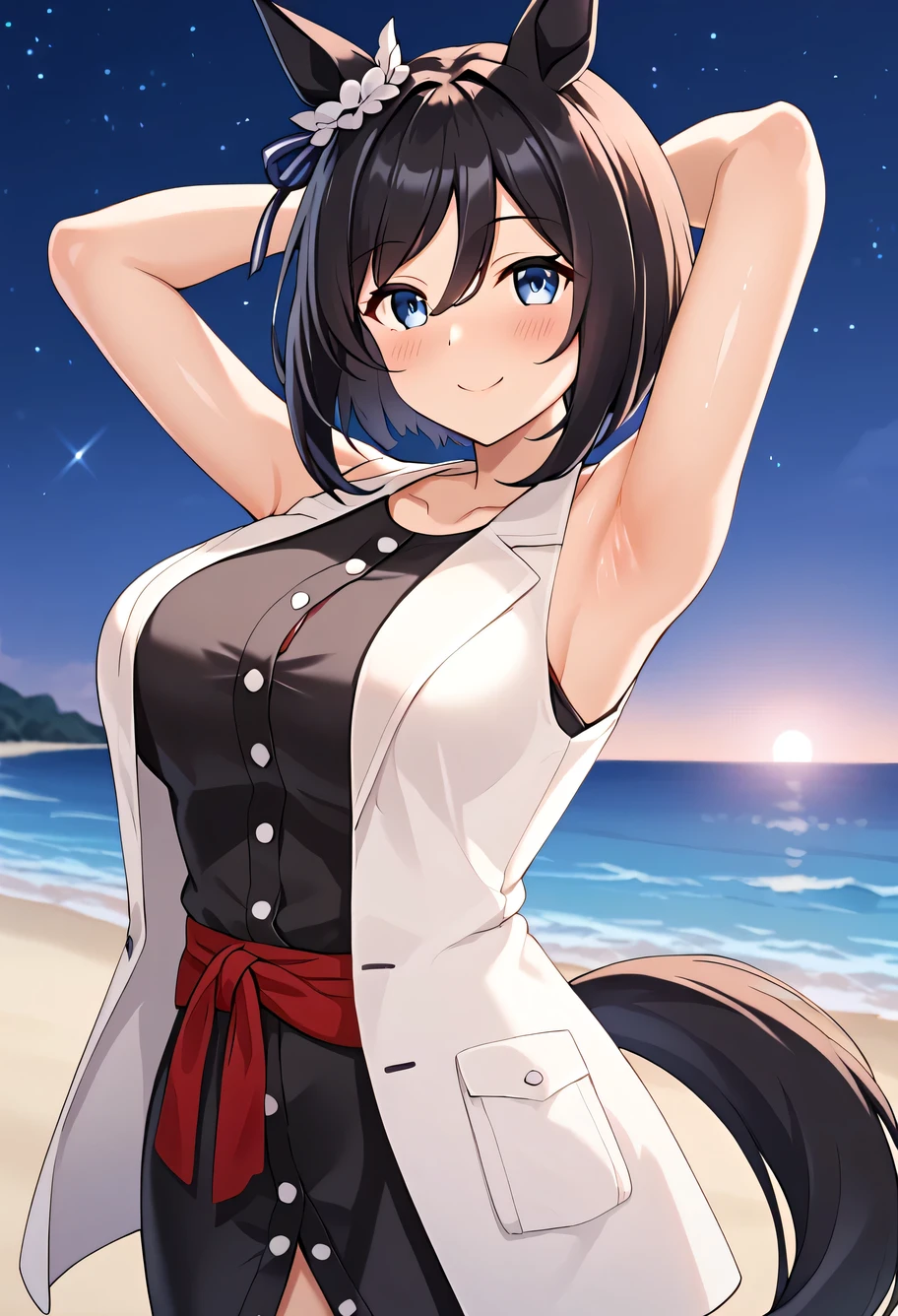 EishinCasual, animal ears, ear ornament, tail, medium hair, black dress, sleeveless dress, buttons, red sash, white jacket, shiny skin, high quality, solo, night sky, beach, arms behind head, (contrapposto), closed mouth, spread armpits, (cowboy shot:1.5), looking at viewer, best quality, smile, blushing,