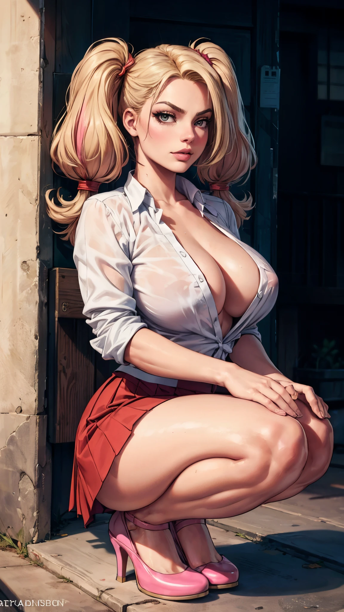 photo of Margot Robbie, (((twin tails))), (((shirt, mini skirt, red skirt, micro skirt, cleavage, pink stockings, pink heels))), (((big breasts))), ((hourglass figure)), ((light blonde hair)), photorealistic, masterpiece, realistic, realism, photorealism, high contrast, photorealistic, 8k HD high definition detailed realistic, detailed, skin texture, hyper detailed, realistic skin texture, best quality, (photorealistic:1.4), high resolution, detailed, raw photo, photo realistic, (high detailed skin:1.2), 8k uhd, dslr, soft lighting, high quality, film grain, Fujifilm XT3), hyper realistic lifelike texture dramatic lighting unreal engine, even, neutral light, key light, bold, bright colours, smirk, brat, sexy, squatting, Hawaii, outdoor