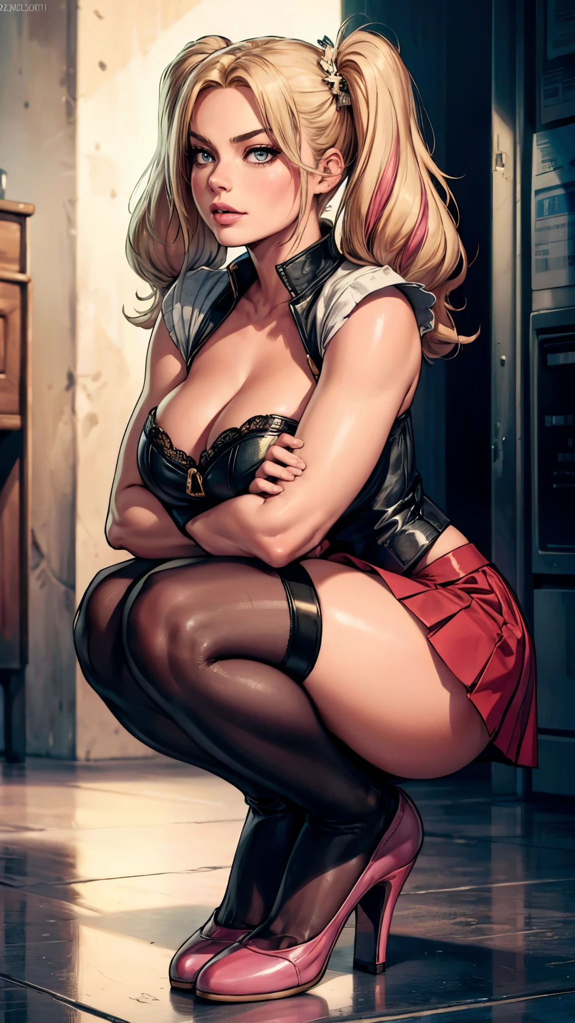 photo of Margot Robbie, (((twin tails))), (((shirt, mini skirt, red skirt, micro skirt, cleavage, pink stockings, pink heels))), (((big breasts))), ((hourglass figure)), ((light blonde hair)), photorealistic, masterpiece, realistic, realism, photorealism, high contrast, photorealistic, 8k HD high definition detailed realistic, detailed, skin texture, hyper detailed, realistic skin texture, best quality, (photorealistic:1.4), high resolution, detailed, raw photo, photo realistic, (high detailed skin:1.2), 8k uhd, dslr, soft lighting, high quality, film grain, Fujifilm XT3), hyper realistic lifelike texture dramatic lighting unreal engine, even, neutral light, key light, bold, bright colours, smirk, brat, sexy, squatting, Hawaii, outdoor