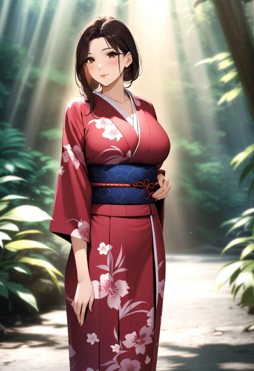 Warm feelings，Hollywood Quality，Cinematic Light，Shadows in the movie，Python wrapped around a beautiful woman，Beautiful woman wearing kimono，The Beauty of Japan，Rainforest Background，Blur the background，masterpiece