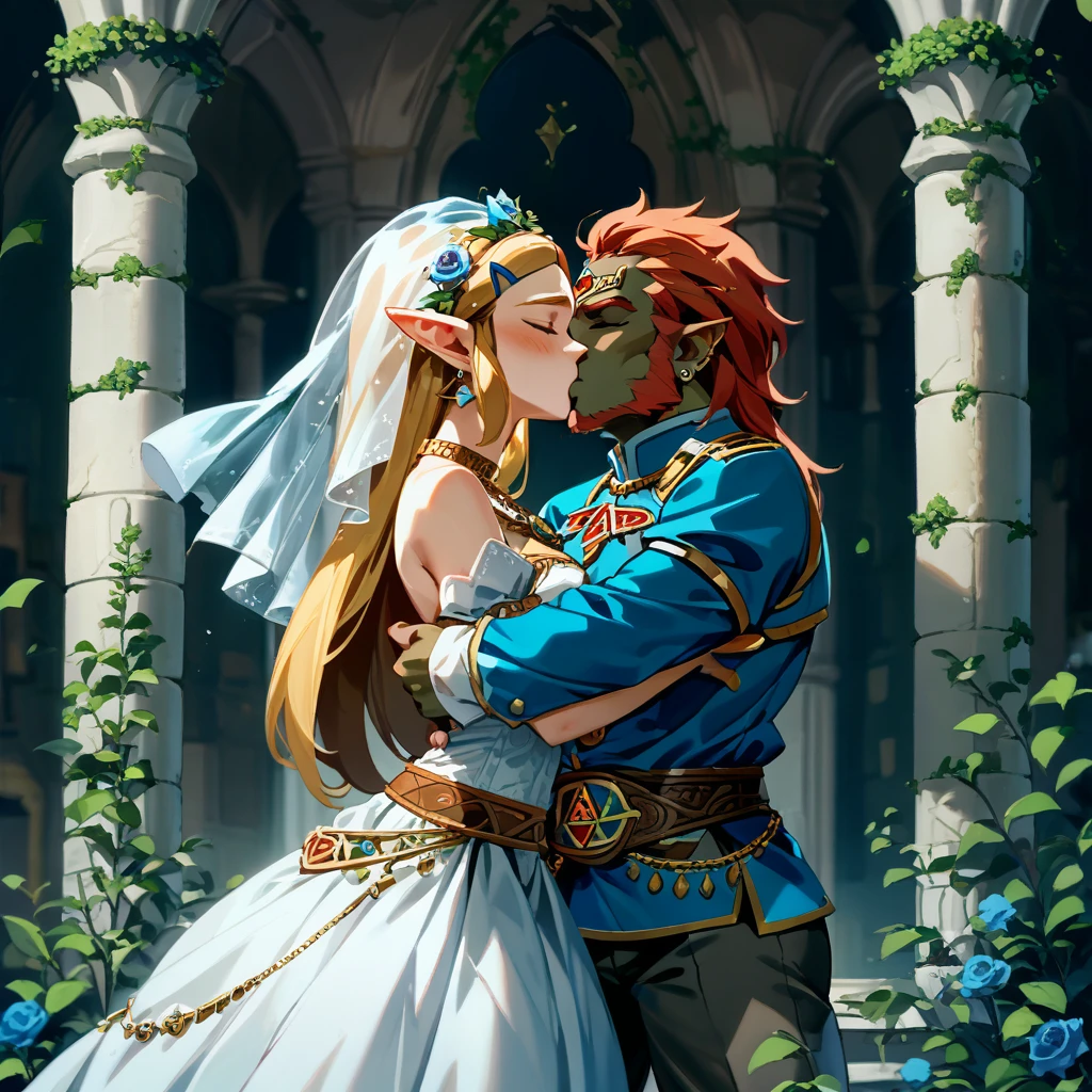 ((Highest quality)), ((masterpiece)), (detailed), （Perfect Face）、The woman is Princess Zelda with blonde, medium-long hair, wearing a Gerudo wedding dress and an engagement ring.、At the Gerudo royal castle, the woman and Ganondorf embrace each other, kiss each other, fall in love, and hold a grand wedding ceremony.、A loving couple who pledge eternal love to each other