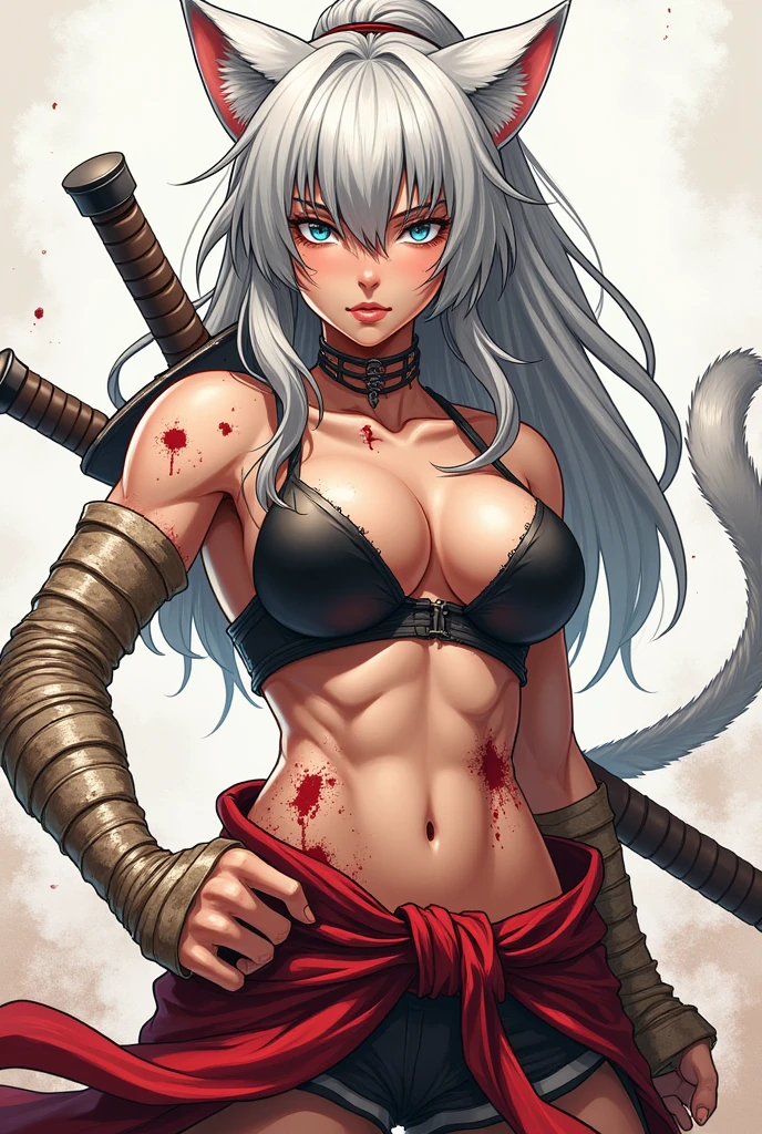 ghislaine dedoldia, animal ears, choker, fur trim, large breasts, abs, muscular woman, white hair, standing,, fulll body, boots smily , pants, flipflops,standing, floating sword,