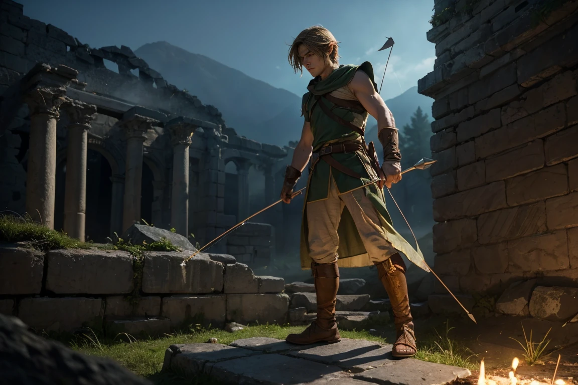 "Link stands in the center of ancient ruins, with a clear close-up on his face. His expression is focused and determined as he draws the string of his bow, preparing to fire. His bow, simple but powerful, glows faintly in the dim light of the ruins. His tunic flutters slightly as he moves, his gloved hands gripping the arrow with precision. The ruins are blurred but still visible in the background, with crumbling stone walls and faint shafts of light filtering through the cracks, creating an eerie yet heroic atmosphere around him."