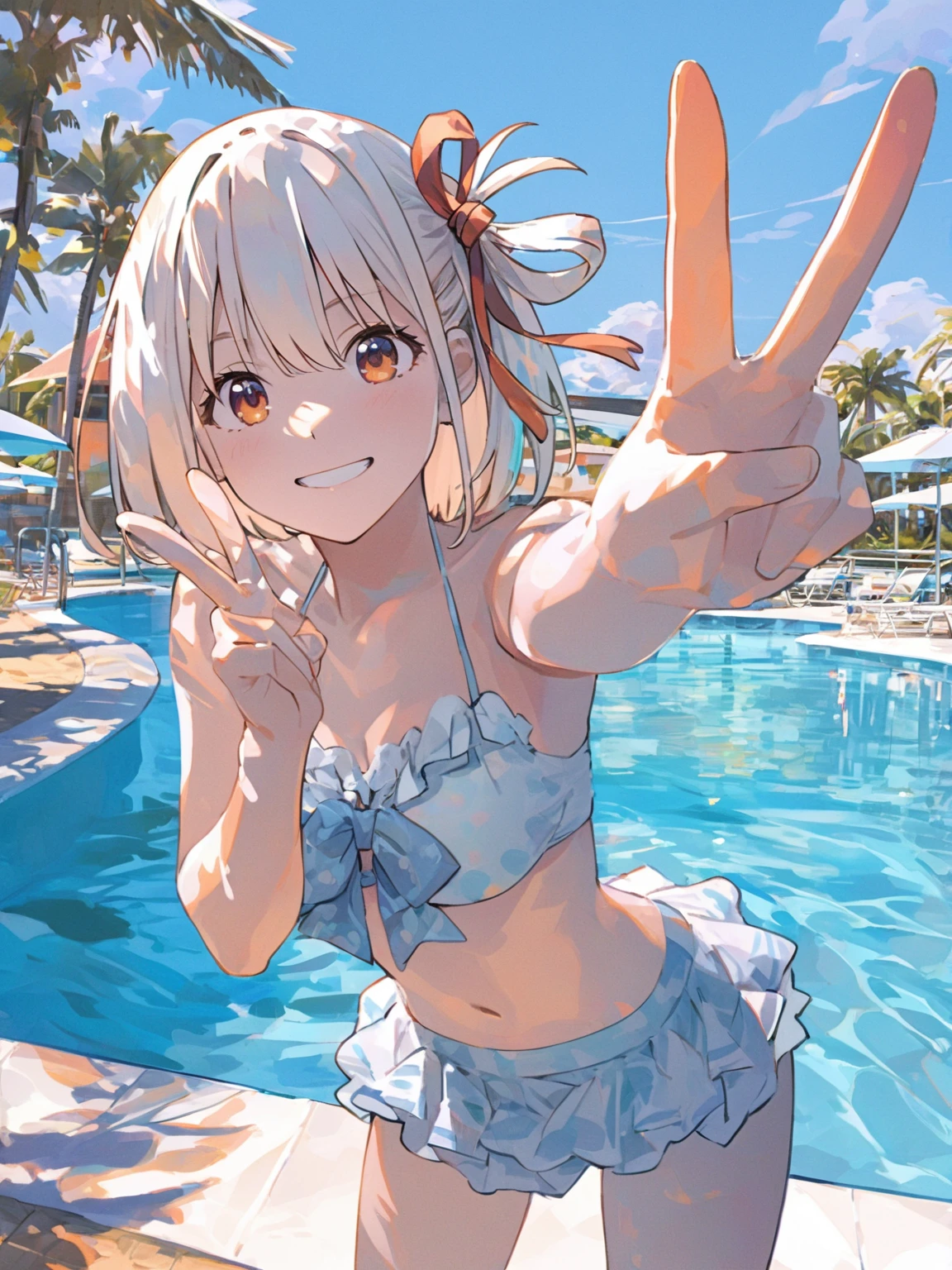 Peace sign pose, Wearing a bright blue ruffled bikini with confidence, Hair tied with ribbon, In the background you can see palm trees and blue sky.、There is a vibrant outdoor pool, Well lit from above, Creates a playful and cheerful summer atmosphere, Slightly overexposed to emphasize brightness.