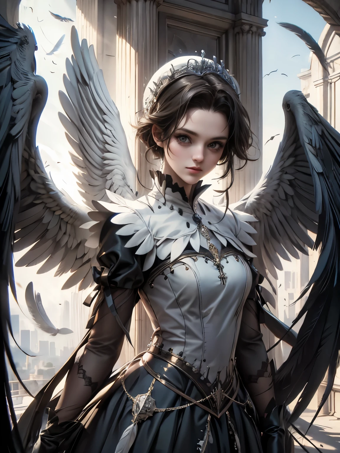 masterpiece, Angel Girl, young，，Brunette with wings, White dress with feathers, Close-up portrait, Delicate face, a lot of black feathers, Silver，Black wings