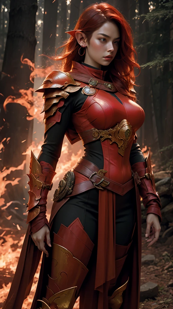 1girl, Solo, fire elf,pointed ear, best quality, expressive eyes, perfect face, red haired like fire waves like flame, perfect body, big breast, steam smoke came out from body, sweat body, wearing sexy red flaming armor,half nude, burning forest scene and background,smoke an dust, hot atmosphere, realistic photography, 8k full hd, dynamic lighting and colour, 