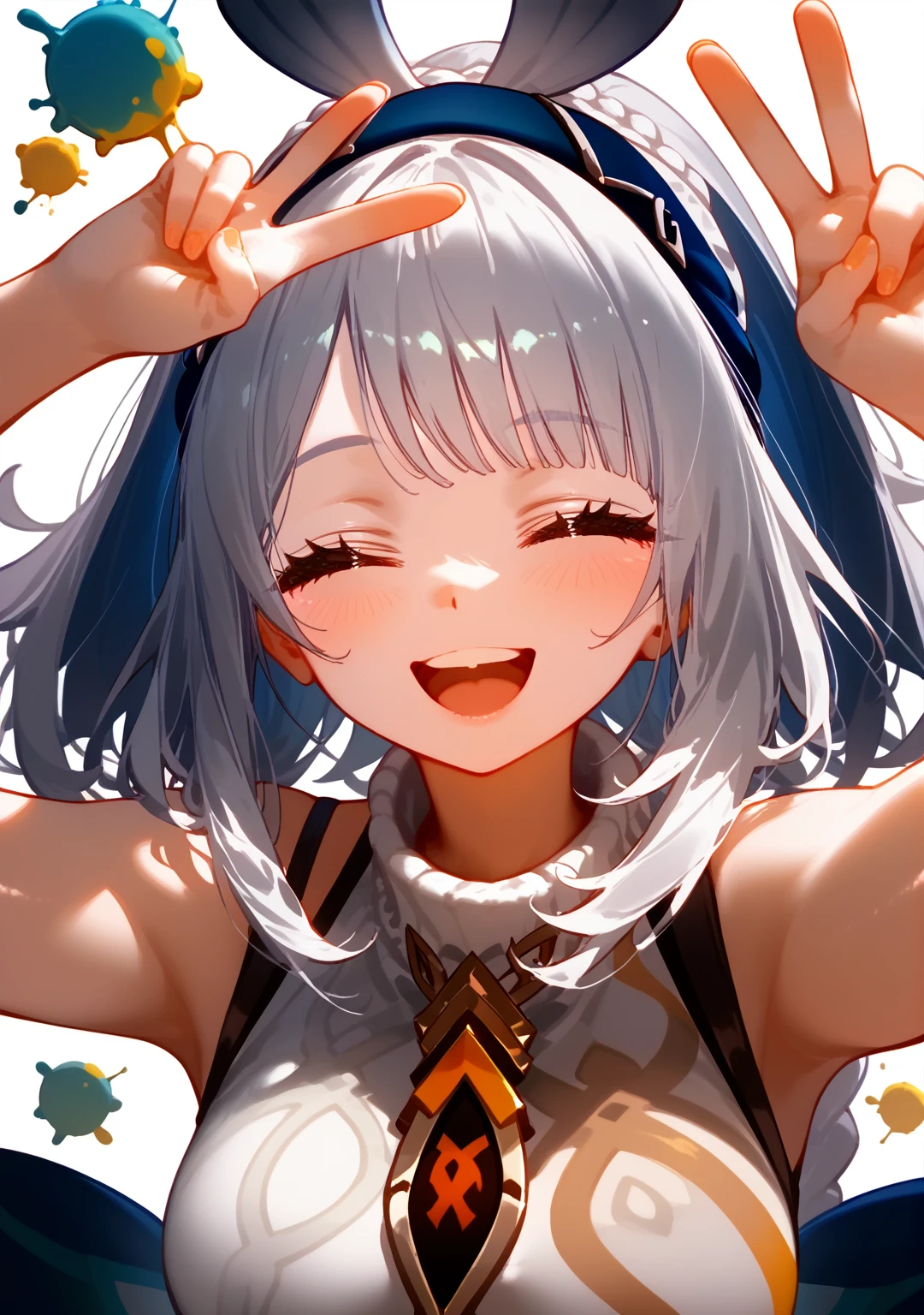 Highest quality, Highest quality, High quality illustrations, masterpiece, Ultra-high resolution, Detailed Background, Absurd, Perfect Anatomy, performance, Good lighting, Shadows in the movies, 1 girl, solo, mualani_\(genshin_impact\), alternate costume, medium breasts, smile, closed eyes, very happy, open mouth, v sing, v_over_eye, v, blush, white_sweater, virgin-killing_sweater, upper_body, angle downwards, selfie, paint splash background, dynamic pose, bewitching thighs, gleaming, shiny skin, shiny, two beautiful legs