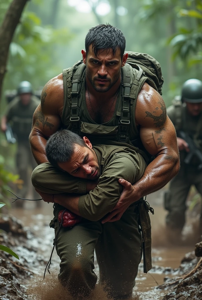 Sexy hot teen boy with a tanned body wearing a fit boxer shorts and boots is trampling on another boy's back who is lying on floor at rural area