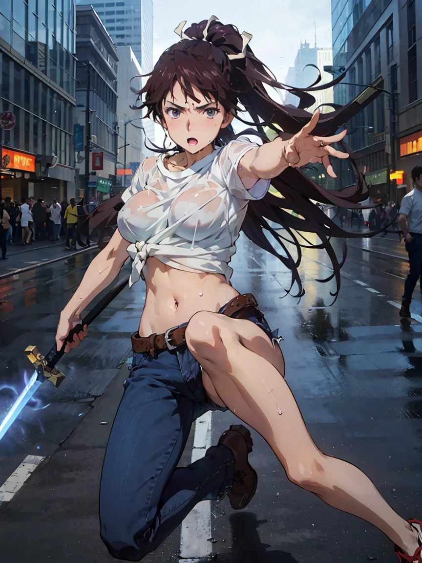 God breaks the fire 、jeans、One side short pants, one side long, long hair、ponytail,Big tits, big breasts、Official Anime Art、Grab the sword., dynamic gesture、Swinging the Sword, jump,straight legs , Hard nipple,Thin shirt,Wet shirt,in the city, Look under the shirt, floating, full body