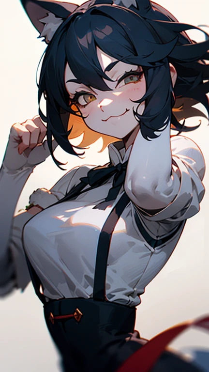bendy big breasts breast enlargement breasts white T-shirt black suspender skirt blushing and smiling looking at the camera standing alone in the studio