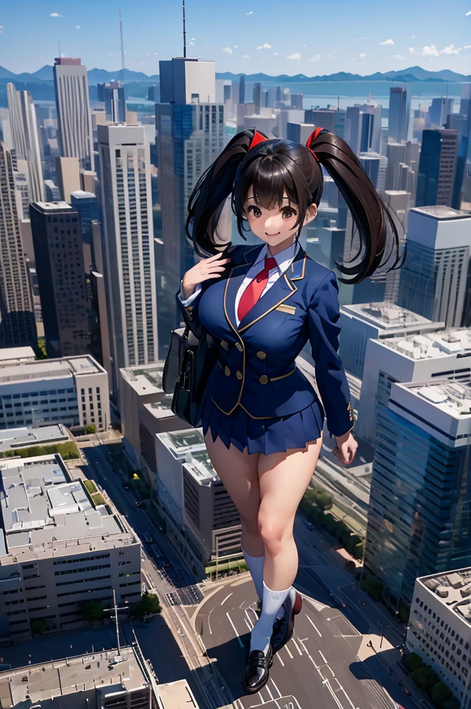 (Super Best masterpiece giant Art), (16K, Highest quality, Ultra-high resolution, real scale), (Japanese High School Girl, Satomi), (Exact dimensions, Height 2,000m), (Blue Uniform, Japanese style blazer, short black mini skirt, Red tie, White socks, Navy blue leather shoes), (Very beautiful and detailed girl, Accurate body structure, Accurate body movements, Very detailed body), (Big Breasts, J-Cup), (Giantと対比して, A very very small big city, Trying to destroy a miniature metropolis, Full body description, Invincible smile, Giga Giants, Giant, Crush City, Small Town, Micro City), (AM10:00), Approaching 2,000mGiantに絶望感, 圧倒的なGiantのド迫力