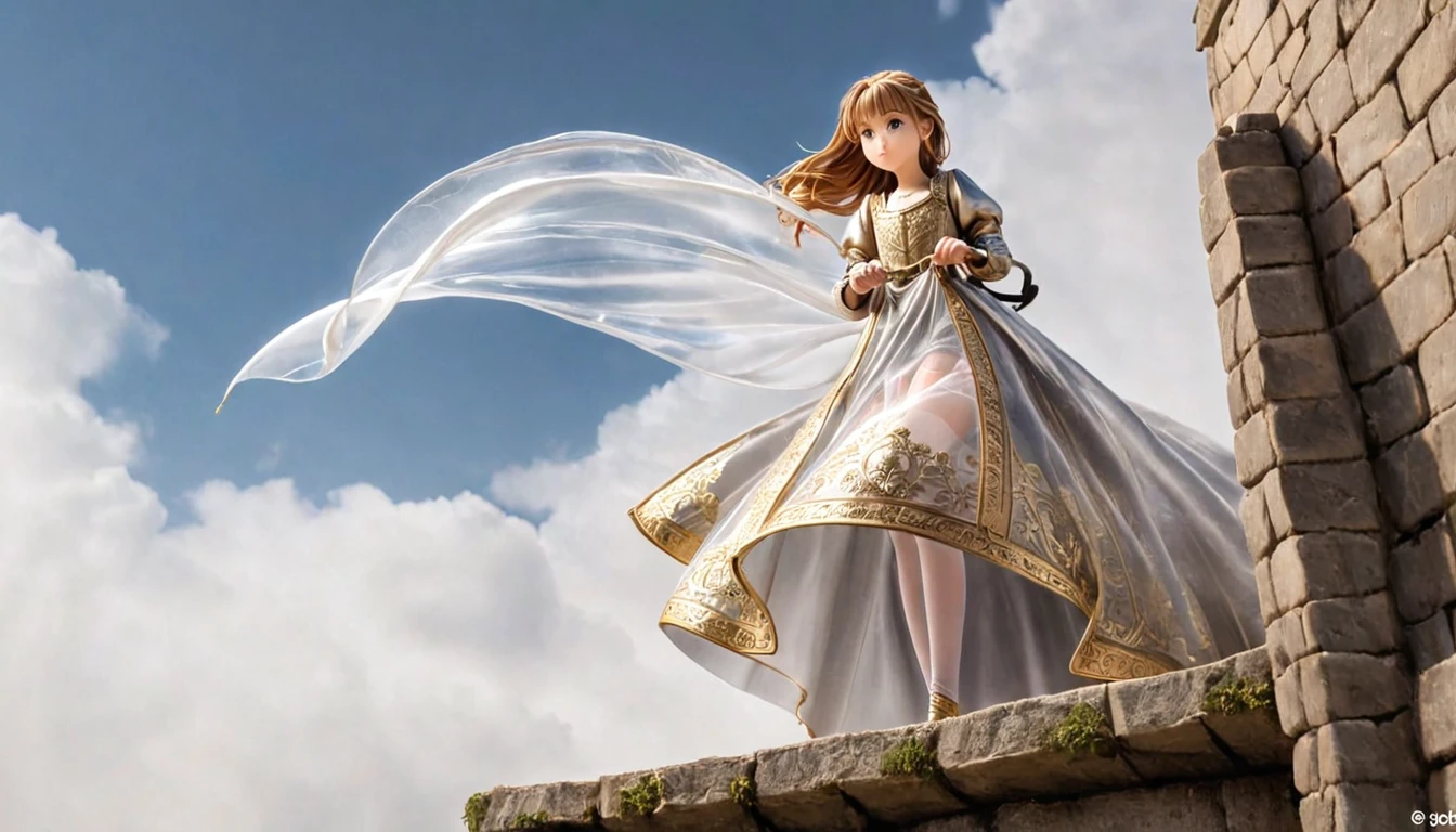 girl, Gold and silver embroidery, Medieval Long Dress（With panniers）, Translucent fabric, Pull up the dress by hand, Strong winds, Translucent slip, Translucent tights, Peeking from below, Highest quality, Disorder of clothing, sit