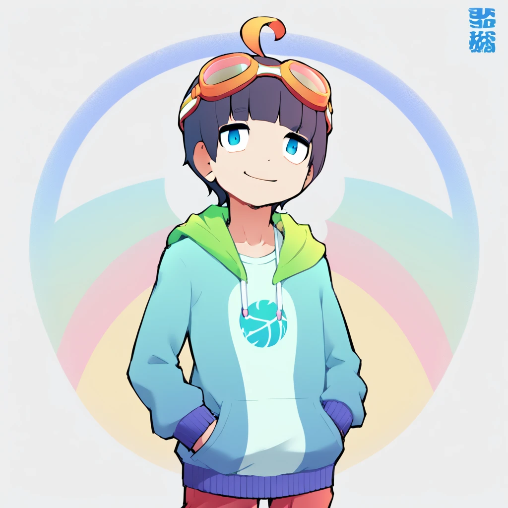 score_9, score_8_up, score_7_up, score_6_up, source_anime, ahoge, blunt bangs, bell, goggles, male, male only, hoodie, sweatshirt, vibrant color, doyagao, Surrealism, 8k, super detail