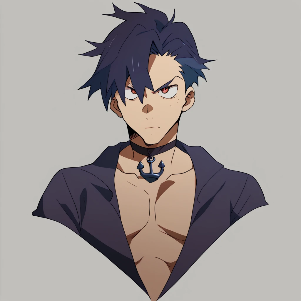 score_9, score_8_up, score_7_up, score_6_up, source_anime, doyagao, gradient hair, black and plum hair, anchor choker, bat ornament, male, male only, 8k, super detail, masterpiece, anime style