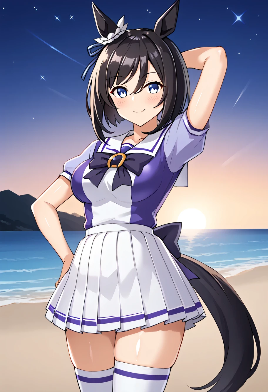 EishinUniform, animal ears, ear ornament, tail, medium hair, white sailor collar, purple shirt, purple bow, short sleeves, white skirt, white thighhighs, shiny skin, high quality, solo, night sky, beach, arm behind head, hand on hip, (contrapposto), closed mouth, spread armpits, (cowboy shot:1.5), looking at viewer, best quality, smile, blushing,