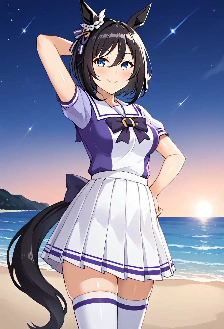 EishinUniform, animal ears, ear ornament, tail, medium hair, white sailor collar, purple shirt, purple bow, short sleeves, white skirt, white thighhighs, shiny skin, high quality, solo, night sky, beach, arm behind head, hand on hip, (contrapposto), closed mouth, spread armpits, (cowboy shot:1.5), looking at viewer, best quality, smile, blushing,