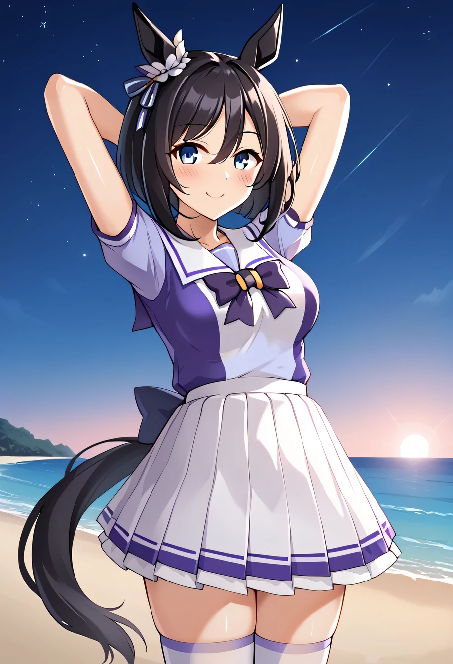 EishinUniform, animal ears, ear ornament, tail, medium hair, white sailor collar, purple shirt, purple bow, short sleeves, white skirt, white thighhighs, shiny skin, high quality, solo, night sky, beach, arms behind head, (contrapposto), closed mouth, spread armpits, (cowboy shot:1.5), looking at viewer, best quality, smile, blushing,