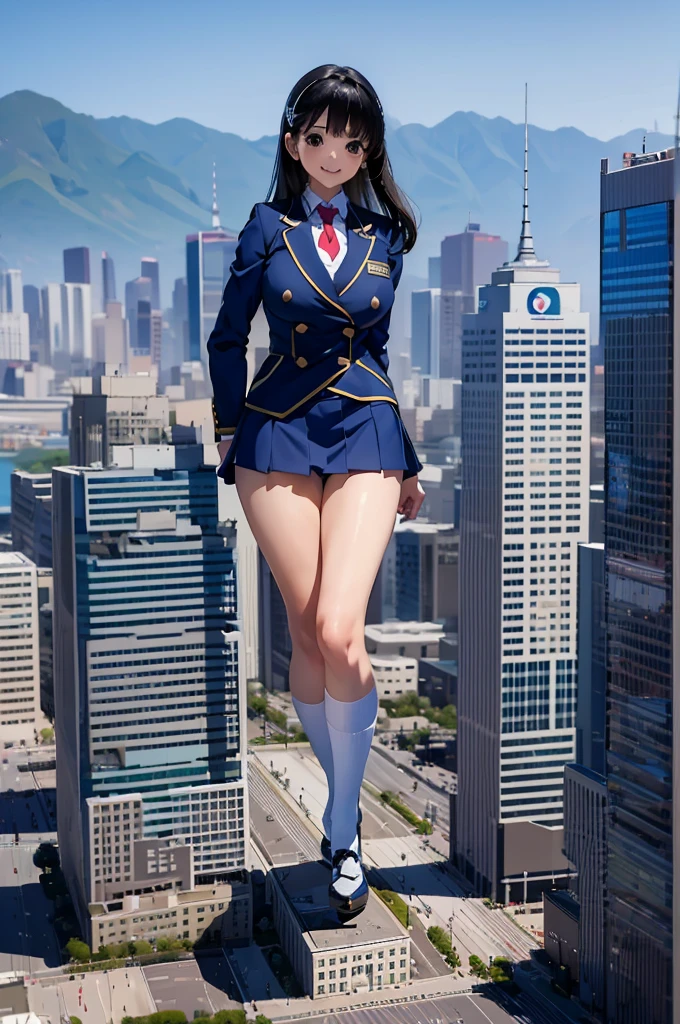 (Super Best masterpiece giant Art), (16K, Highest quality, Ultra-high resolution, real scale), (Japanese High School Girl, Satomi), (Exact dimensions, Height 2,000m), (Blue Uniform, Japanese style blazer, short black mini skirt, Red tie, White socks, Navy blue leather shoes), (Very beautiful and detailed girl, Accurate body structure, Accurate body movements, Very detailed body), (Big Breasts, J-Cup), (Giantと対比して, A very very small big city, Trying to destroy a miniature metropolis, Full body description, Invincible smile, Giga Giants, Giant, Crush City, Small Town, Micro City), (AM10:00), Approaching 2,000mGiantに絶望感, 圧倒的なGiantのド迫力