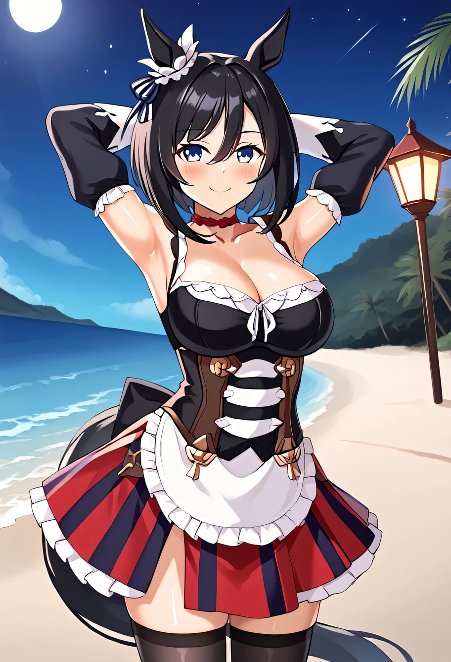 EishinDefault, animal ears, ear ornament, tail, medium hair, red choker, dirndl, cleavage, detached sleeves, corset, frills, striped skirt, red skirt, black thighhighs, shiny skin, high quality, solo, night sky, beach, arms behind head, (contrapposto), closed mouth, spread armpits, (cowboy shot:1.5), looking at viewer, best quality, smile, blushing,