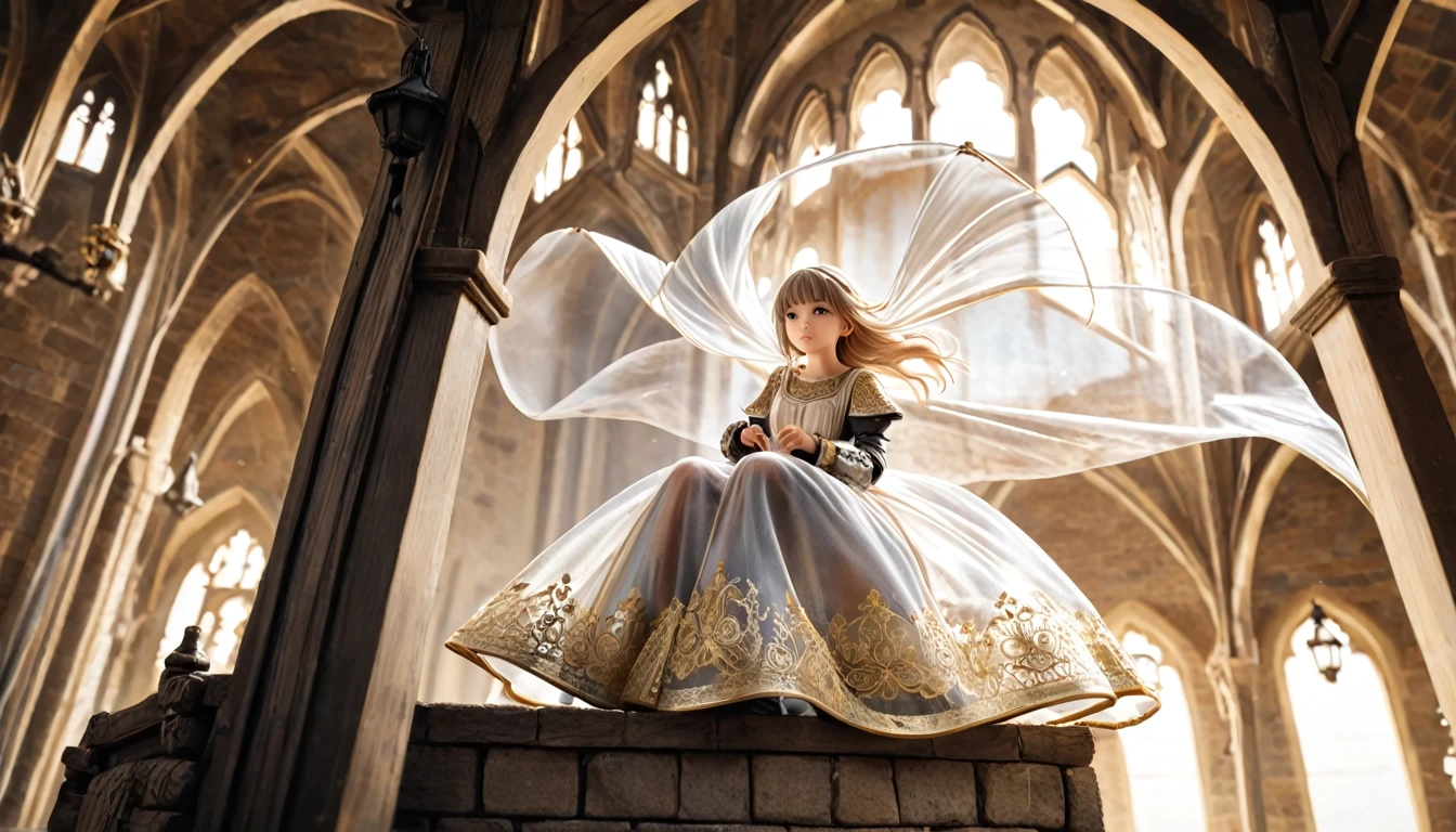 girl, Gold and silver embroidery, Medieval Long Dress（With panniers）, Translucent fabric, Pull up the dress by hand, Strong winds, Translucent slip, Translucent tights, Peeking from below, Highest quality, Disorder of clothing, sit