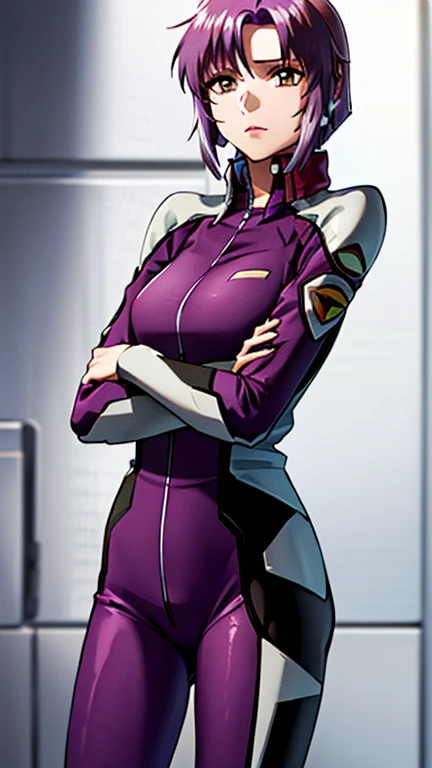 ((NFSW:1.6)), Detailed illustration of a female pilot、((Light purple hair、Short Bob:1.6))、Designed for ease of movement、He is wearing a futuristic and stylish pilot suit、This suit has a very technical look.、She is holding a helmet in her arms、His expression was calm and determined.、It reflects her experience and skill.、Pay attention to the details of the suit design and character features.