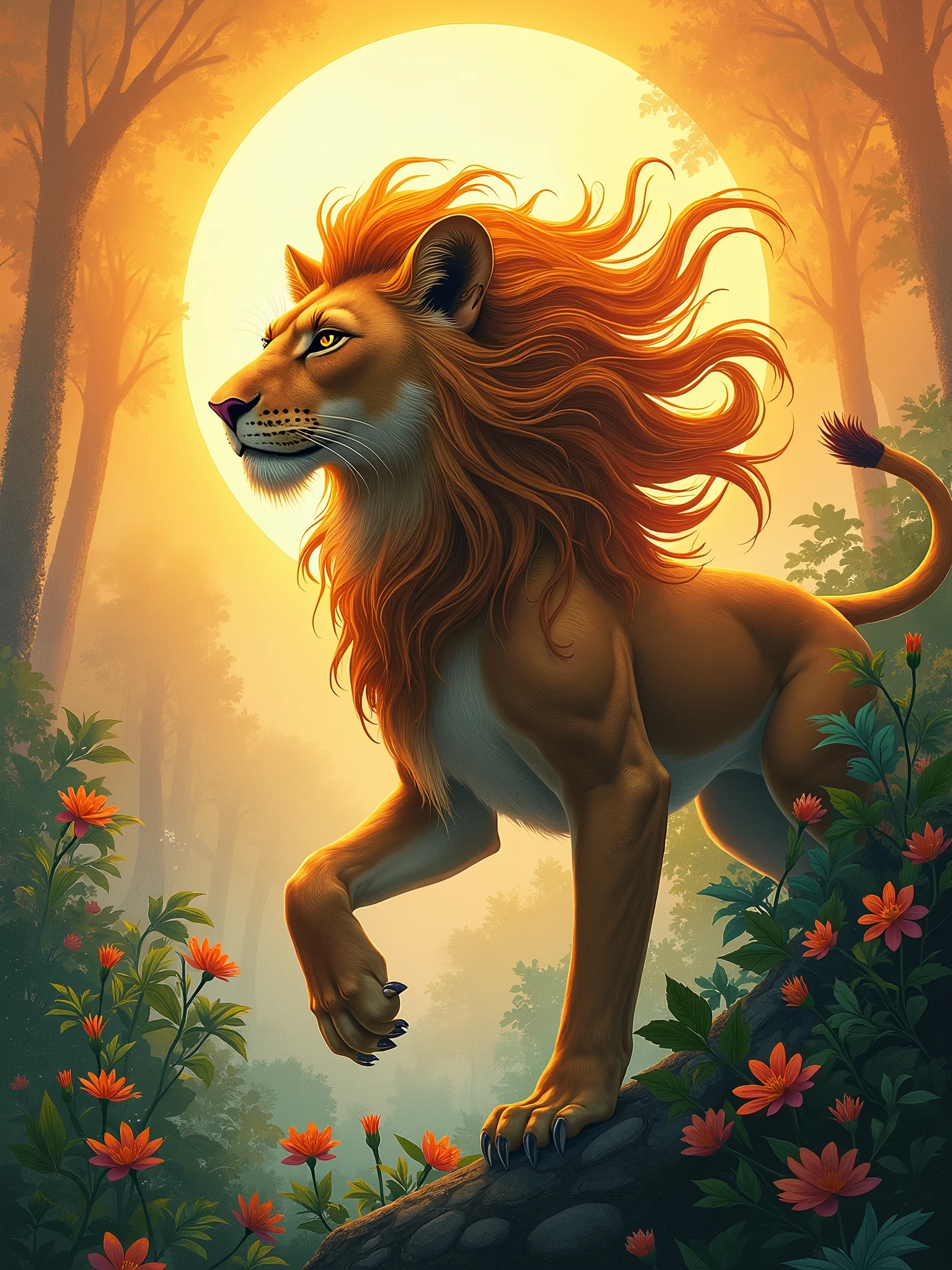 Lion walking in forest painting, lion close-up, detailed lion, magical world. Colorful illustrations, whimsical, vibrant cartoon art, Beeper and Jeremiah Keitner, psychedelic art style, psychedelic surrealism, magical light, psychedelic illustration, inspired by Cyril Rolando,