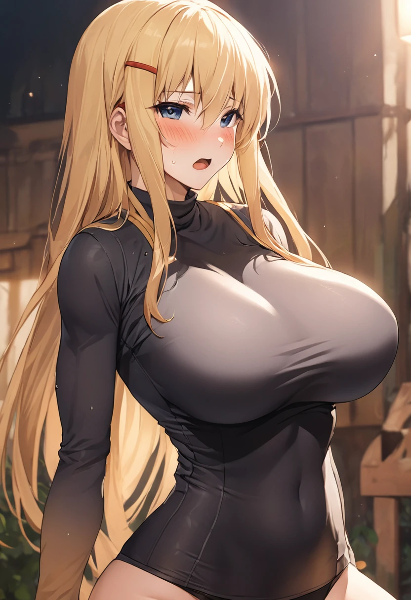 masterpiece, Highest quality, High resolution,(Darkness), (KonoSuba),30 years old, adult lady, (tall:1.2),Height: 170cm,fashion model body shape, 1990s\(style\),(E-cup beautiful breasts),Black long sleeve underwear,Red hair clip in hair,Sweating all over the body,athletic、buff,sexy,blush、Shyness、Open your mouth wide,blonde、Long Hair、Pointed eye corners,Composition focusing on the upper body,(独奏),The background is outdoors,Anime-style painting style,Cinematic lighting,Superfine