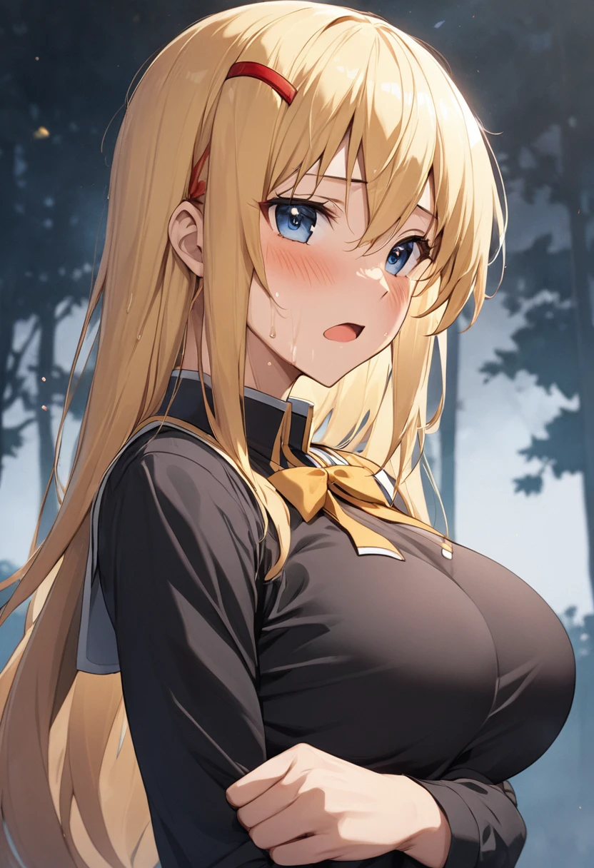 masterpiece, Highest quality, High resolution,(Darkness), (KonoSuba),30 years old, adult lady, (tall:1.2),Height: 170cm,1990s\(style\),(E-cup beautiful breasts)，Black long sleeve underwear,Red hair clip in hair,Sweating all over the body,Brawny　muscle　body,sexy,blush、Shyness、Open your mouth wide,blonde、Long Hair、Pointed eye corners,Composition focusing on the upper body,(独奏),The background is outdoors,Anime-style painting style,Cinematic lighting,Superfine,Seductive pose