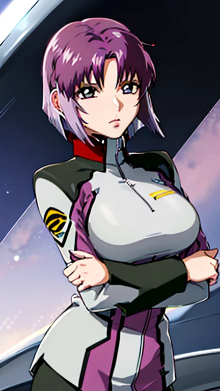 ((NFSW:1.6)), Detailed illustration of a female pilot、((Light purple hair、Short Bob:1.6))、Designed for ease of movement、He is wearing a futuristic and stylish pilot suit、This suit has a very technical look.、She is holding a helmet in her arms、His expression was calm and determined.、It reflects her experience and skill.、Pay attention to the details of the suit design and character features.、Big Breasts