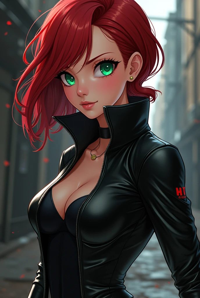 (high-level image quality), (high quality), (high resolution), (detailed), (masterpiece), beautiful woman, ((caucasian)), green eyes, red hair, short hair, dark red lipstick, busty, slender body, Detailed eyes, perfect eyes, Detailed face, portrait, streets, black vest, leggings