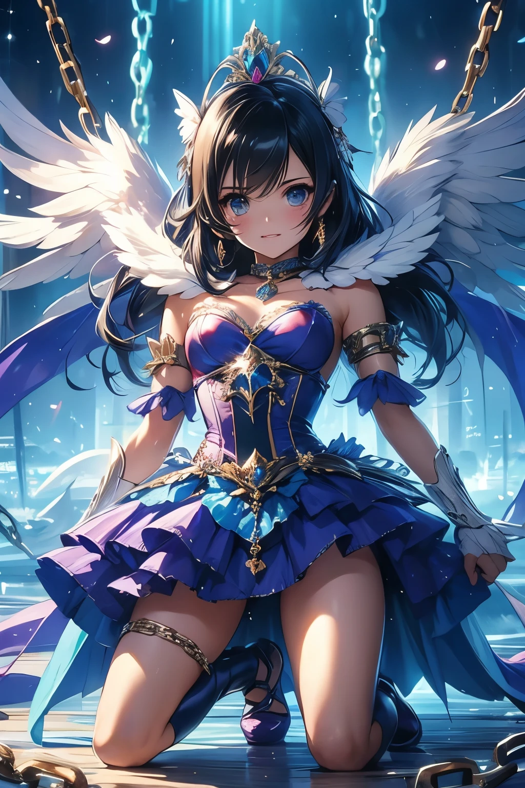 dramatic composition,Vestido de corte,real,una hermosa,Capas de volantes,la mejor princesa,volantes,Nudo de lazo,candelabros de cristal,Gorra,maximalismo,fondo palaciego,Cabello y ojos cuidadosamente representados.,vestido de princesa,Gorgeous dress,smile,Ojos estrellados,Cinematic Light,detalle extremadamente alto,Alta nitidez,chica feliz,Cabello muy largo,diamante,perlas,diamantes rotos,Fragmento de cristal,light particles
