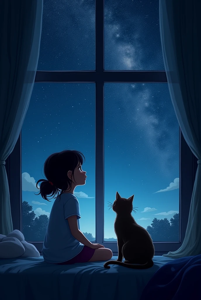 A Miyazaki-style anime image of a girl sitting on her bed, talking on the phone to her silver-gray American Shorthair cat who is in heaven, asking how it's been and if it misses her. The scene features warm and soft lighting with magical elements, a heartfelt atmosphere, and a dreamlike scene, with soft colors and a comforting presence.