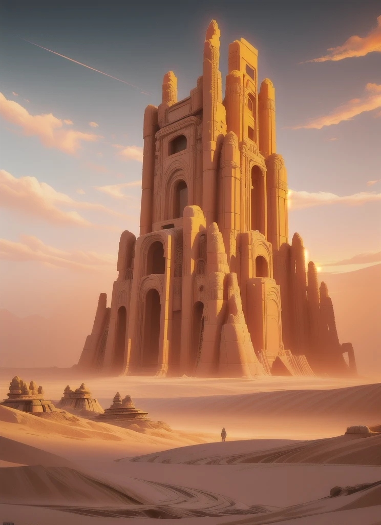 a sci-fi scene, draw of a place, ancient ruins of a majestic temple inspired in turkey, surounded by dunes in a desert at sunset, post-apocalyptic vibes, futuristic glow, cyberpunk style