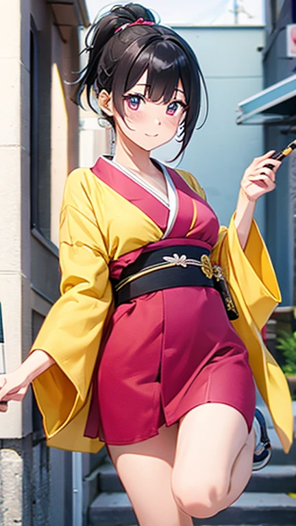 A teenage girl jumping high with an angry expression、Holding a smoke pipe in your right hand、The pipe is 30 cm long.、Rose pink eyes、Black short ponytail、The inner color of the hair is yellow-green.、Wearing a kimono with a marigold pattern、The kimono is loosely worn, exposing the shoulders.