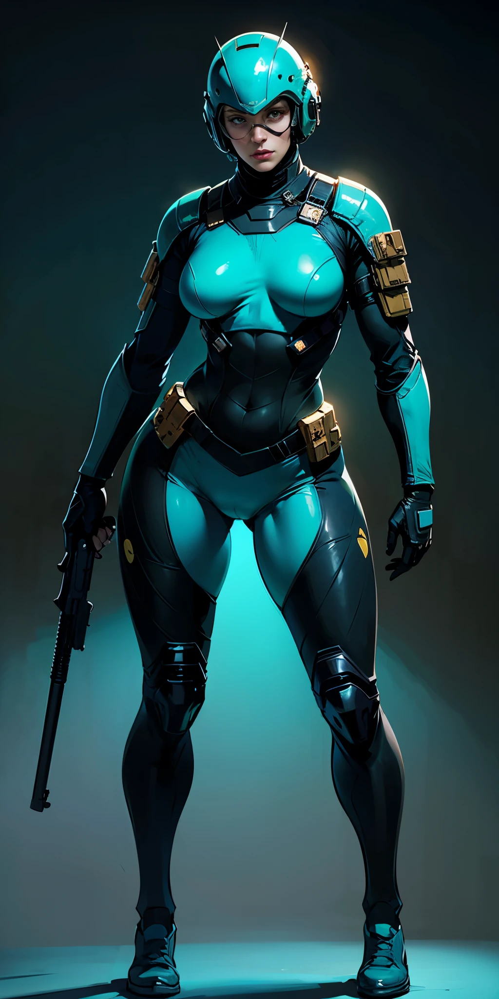 Masterpiece, High quality, ((character concept art)), ((character design sheet, same character)) a futuristic-looking female military commander, wearing a ((kevlar helmet)) and is dressed in ((turquoise suit)), holding weapon, holding gun, wearing epTactical, XCOM game inspired, XCOM character, ((wide hips)) tall, video game character design, accessories, Expert high detail concept art, comic book style, intricate comic book outline line work, flat colors, concept art, solid background