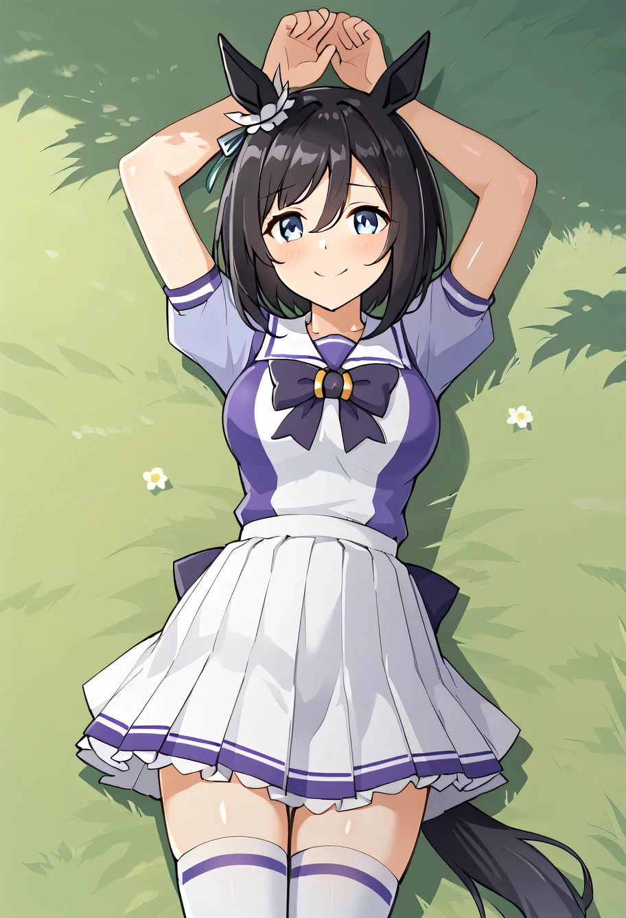 EishinUniform, animal ears, ear ornament, tail, medium hair, white sailor collar, purple shirt, purple bow, short sleeves, white skirt, white thighhighs, shiny skin, high quality, solo, lying, on back, arms up, spread arms, closed mouth, on grass, (cowboy shot:1.5), looking at viewer, nervous, smile, best quality,