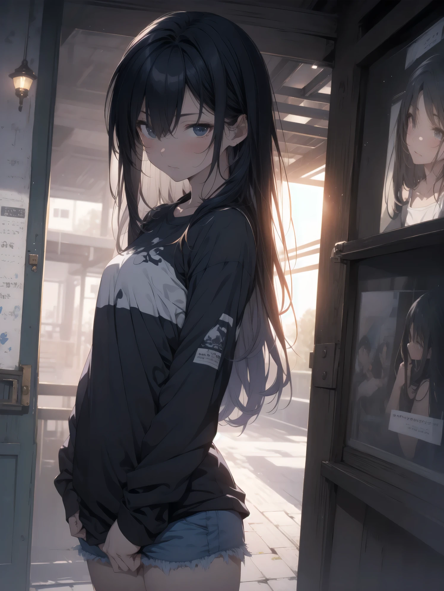 scene:0.9, (masterpiece), (((ultra detailed, 8k quality))), high quality, (a girl only wearing oversized black t-shirt, standing), (long black hair, side bangs), ((torso)), perfect fingers, wide shot:0.7, from below, expressive sapphire blue eyes, (looking at viewer with pleading eyes, black hair, side bang, expressive blue eyes:0.7, (depth perception:0.7, black background, blurry background), 25 years old, (distanced), ((tears in eyes)), nighttime cityscape background, blurry lights, pussy, ((NSFW))
