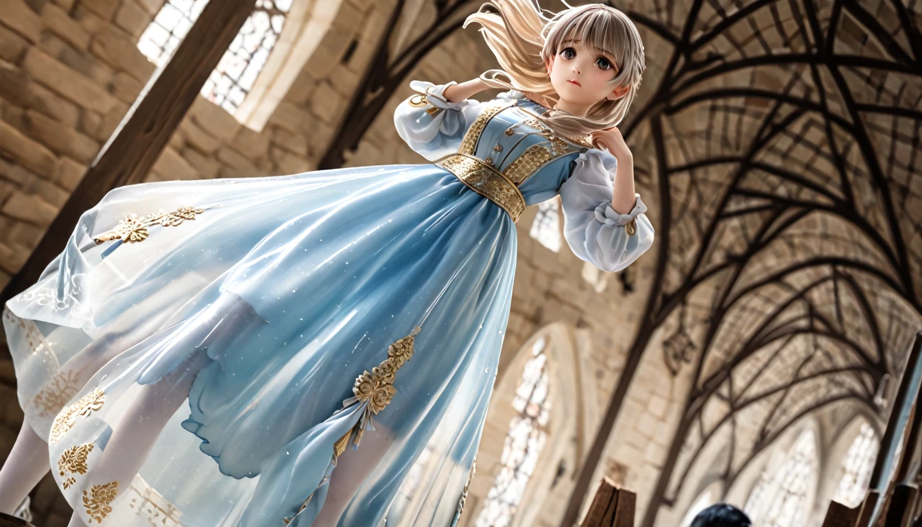 girl, Gold and silver embroidery, Light blue translucent medieval long dress（With panniers）, Translucent fabric, Pull up the dress by hand, Strong winds, Translucent slip, Translucent tights, Peeking from below, Highest quality, Disorder of clothing, sit