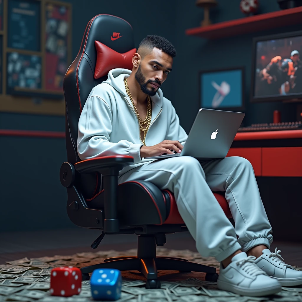 high resolution, ultra detaild), (cinematic), (ultra HD), seen from the front Alone, white skin tone nike tracksuit,shorth hair. gold chain on neck , goatee on chin sitting gaming chair macbook on lap, in the background a curved screen monitor,, 2 dice on the floor, one blue and one red, a lot of money on the floor, de casino,