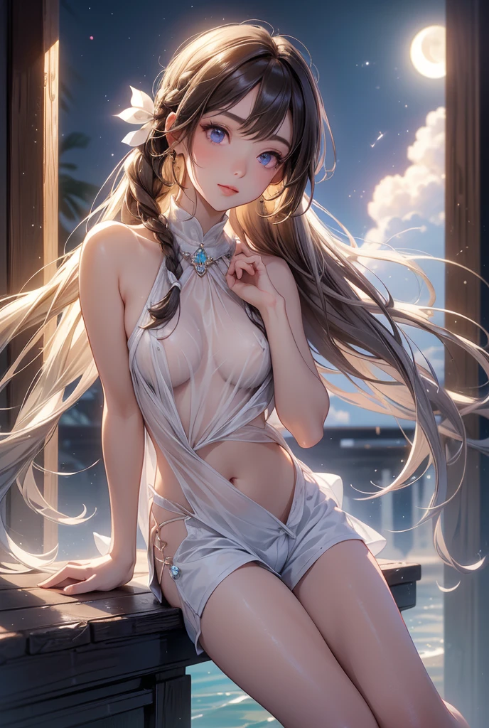 ((masterpiece)), ((Best quality)), (high resolution), (illustration), (an extremely delicate and beautiful), (ultra detailed beautiful face and eyes), nsfw,   1girl, leaning forward,  YukineChris, long hair, purple eyes, twintails, low twintails, ahoge, large breasts,volumetric lightning, moon night,knight_armor
detailed skin texture, detailed, volumetric shadow, anime screencap,Highest quality, Sorceress, ancient babylonian nobility, ((tan skin:1.2)), (brown skin color),Long hair, twin braids, hair ornament, wine colored hair, smile, Below average size breasts, bare shoulders, Leg spread、Groin、Yukine Chris、Wet condition
nude、Wet_shirt,Wet _underwear、tear_underwear
8K, masterpiece, Best_quality, high_resolution, ultra_details, detailed, 1girl, 独奏, looking_at_viewer, upper_body, braid, bangs, white_hair, hair_ribbon, hair_between_eyes, blue shorts、style(open_reg,hip_up)

sidelocks,depth_of_field,french_braid, sharp focus, perfect hands, perfect face, perfect eyes, perfect light, dynamic light, natural light, Masterpiece, Best quality, Cang、green、moon、